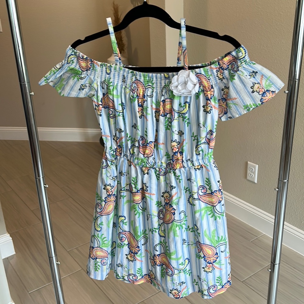 Janie and Jack Blue and White Striped Off-Shoulder Floral Dress